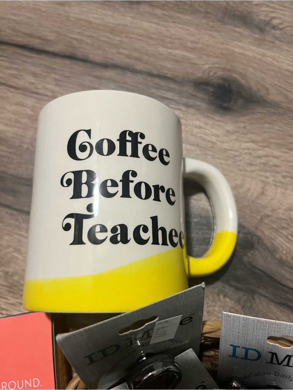 Coffee Before Teachers White & Yellow Ceramic Mug with 5 NWT ID holders - Picture 3 of 5